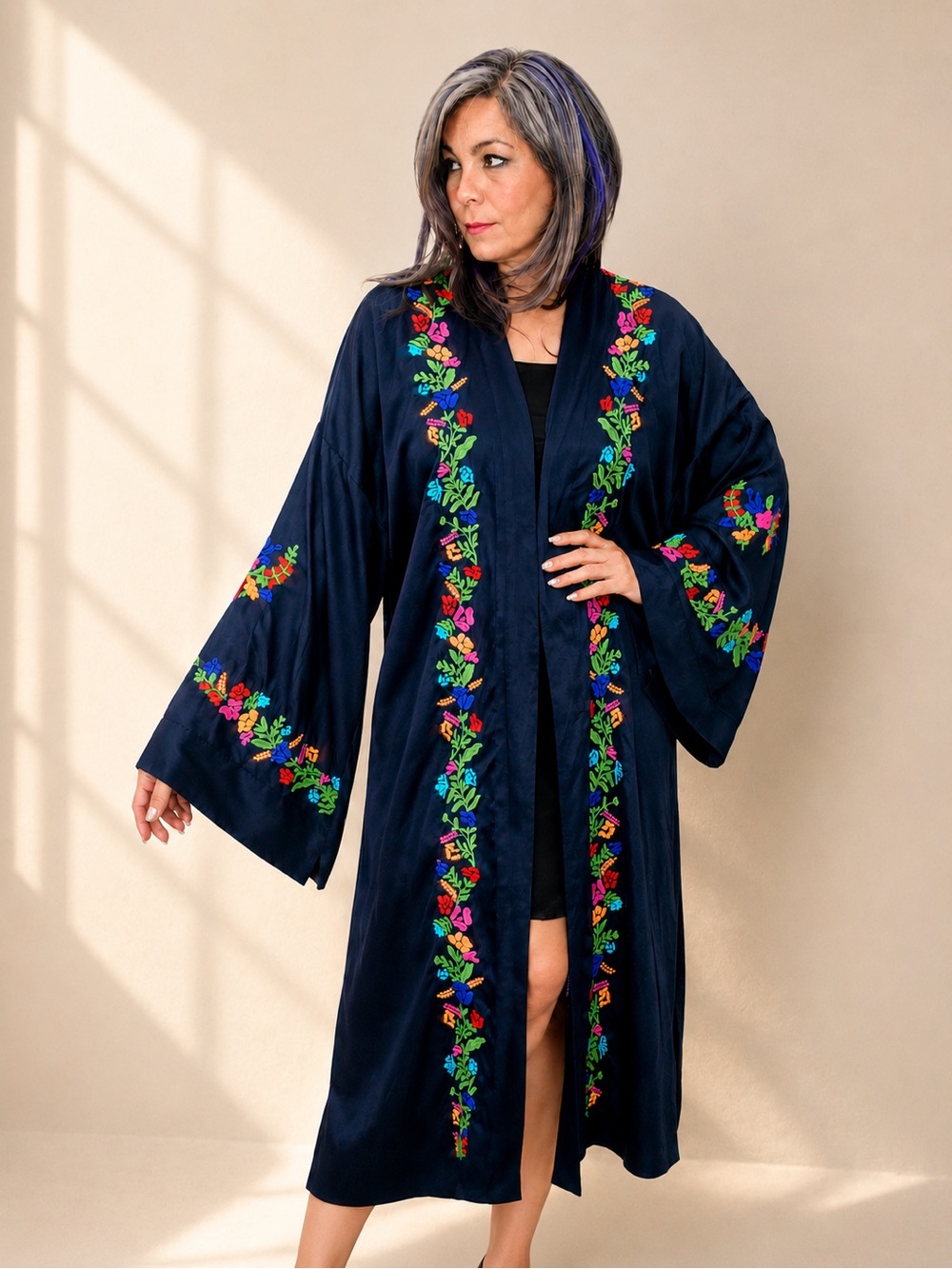 Free People Embroidered Kimono Duster Navy Floral Bell Sleeve L